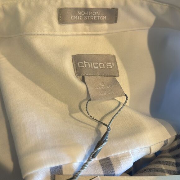 Chico’s blue/white stripe no-iron button front long tunic. 3/4 cuffed sleeves. - Picture 9 of 9